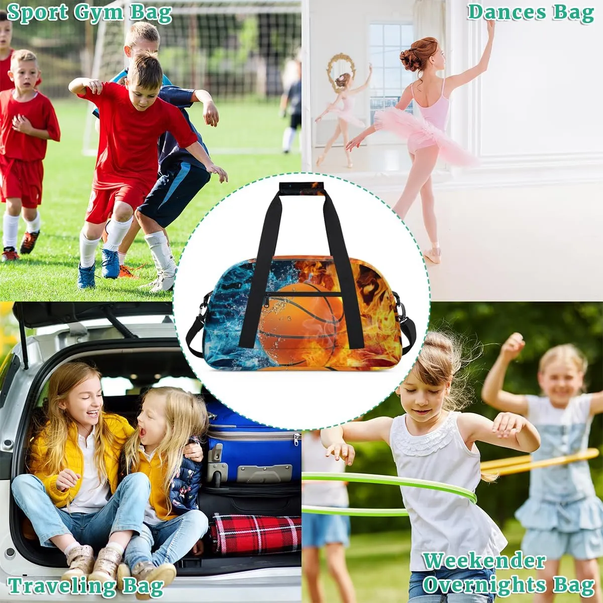 Ice and Fire Basketball Boys Girls Gym Bag Dance Perform Training Duffel Bags Weekender Carry-On Tote Luggage Bag Ideal for School Practice or Overnight Trips
