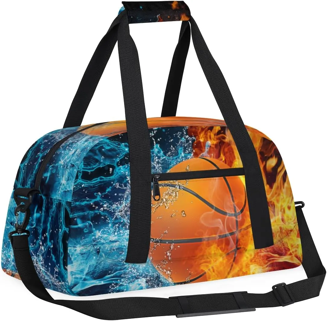 Ice and Fire Basketball Boys Girls Gym Bag Dance Perform Training Duffel Bags Weekender Carry-On Tote Luggage Bag Ideal for School Practice or Overnight Trips