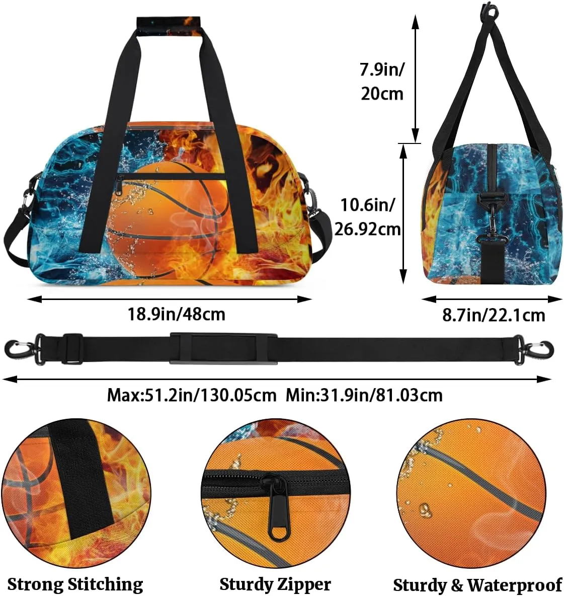 Ice and Fire Basketball Boys Girls Gym Bag Dance Perform Training Duffel Bags Weekender Carry-On Tote Luggage Bag Ideal for School Practice or Overnight Trips