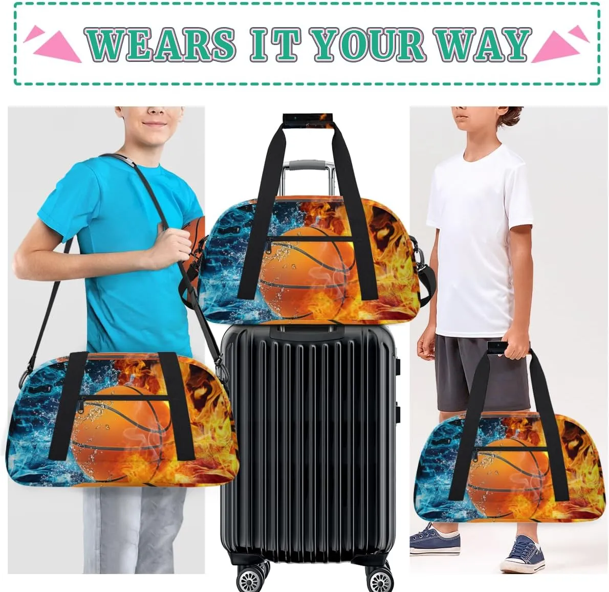 Ice and Fire Basketball Boys Girls Gym Bag Dance Perform Training Duffel Bags Weekender Carry-On Tote Luggage Bag Ideal for School Practice or Overnight Trips