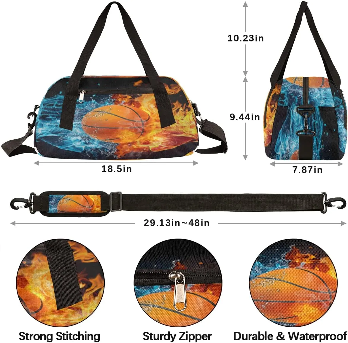 Ice Fire Basketball Burning Kids Duffel Bag,Basketball Theme Sport Gym Bag for Boys Girls Teen,Weekender Overnight Tote Bag Carry On Travel Duffel Bag for School Gymnastic Ballet