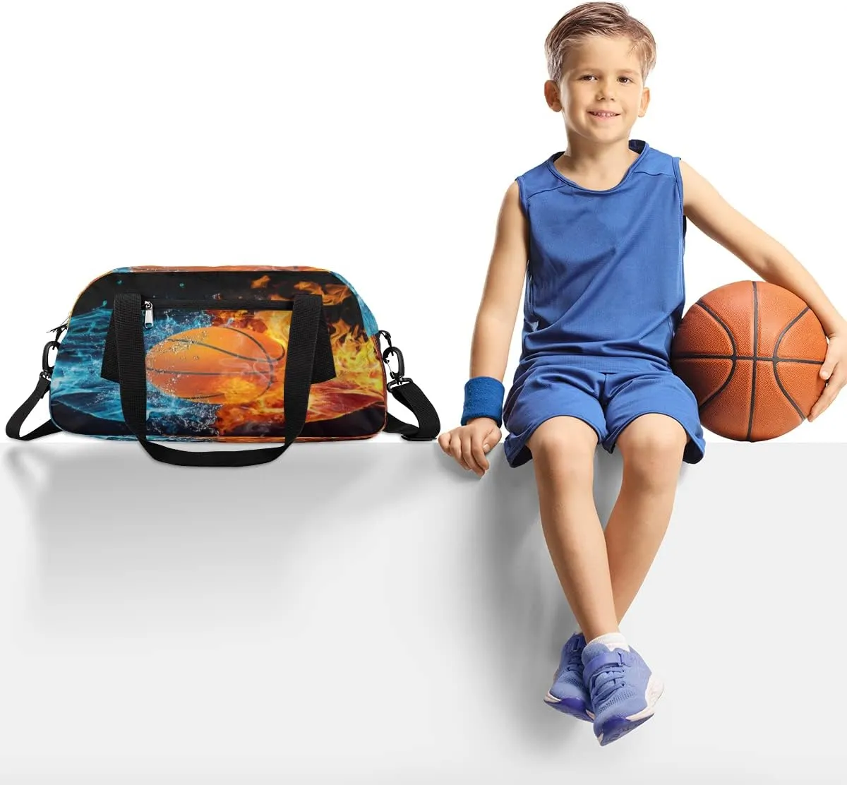 Ice Fire Basketball Burning Kids Duffel Bag,Basketball Theme Sport Gym Bag for Boys Girls Teen,Weekender Overnight Tote Bag Carry On Travel Duffel Bag for School Gymnastic Ballet