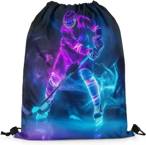 Ice Hockey Apron 13X15.7,Field Hockey Drawstring Bags,Ice Hockey Player Draw String Back Bag,Sports Games String Backpack,Winter Sports Cinch Bag for Sport Gym Camping Trip,Blue Purple