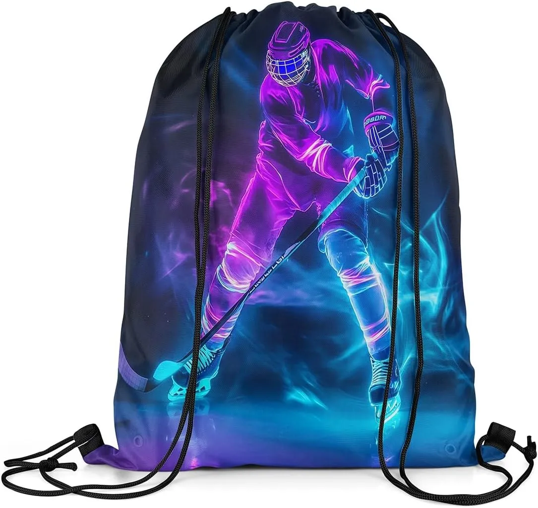 Ice Hockey Apron 13X15.7,Field Hockey Drawstring Bags,Ice Hockey Player Draw String Back Bag,Sports Games String Backpack,Winter Sports Cinch Bag for Sport Gym Camping Trip,Blue Purple