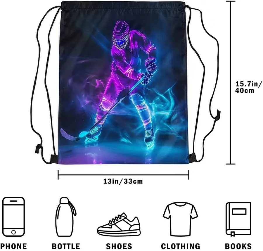 Ice Hockey Apron 13X15.7,Field Hockey Drawstring Bags,Ice Hockey Player Draw String Back Bag,Sports Games String Backpack,Winter Sports Cinch Bag for Sport Gym Camping Trip,Blue Purple