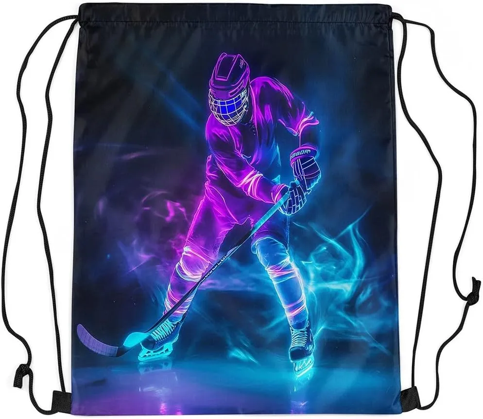 Ice Hockey Apron 13X15.7,Field Hockey Drawstring Bags,Ice Hockey Player Draw String Back Bag,Sports Games String Backpack,Winter Sports Cinch Bag for Sport Gym Camping Trip,Blue Purple