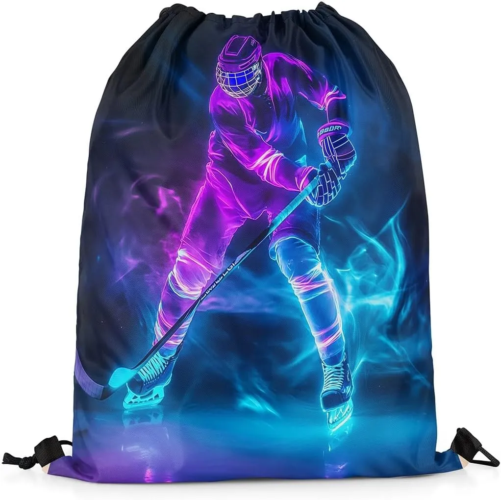 Ice Hockey Apron 13X15.7,Field Hockey Drawstring Bags,Ice Hockey Player Draw String Back Bag,Sports Games String Backpack,Winter Sports Cinch Bag for Sport Gym Camping Trip,Blue Purple