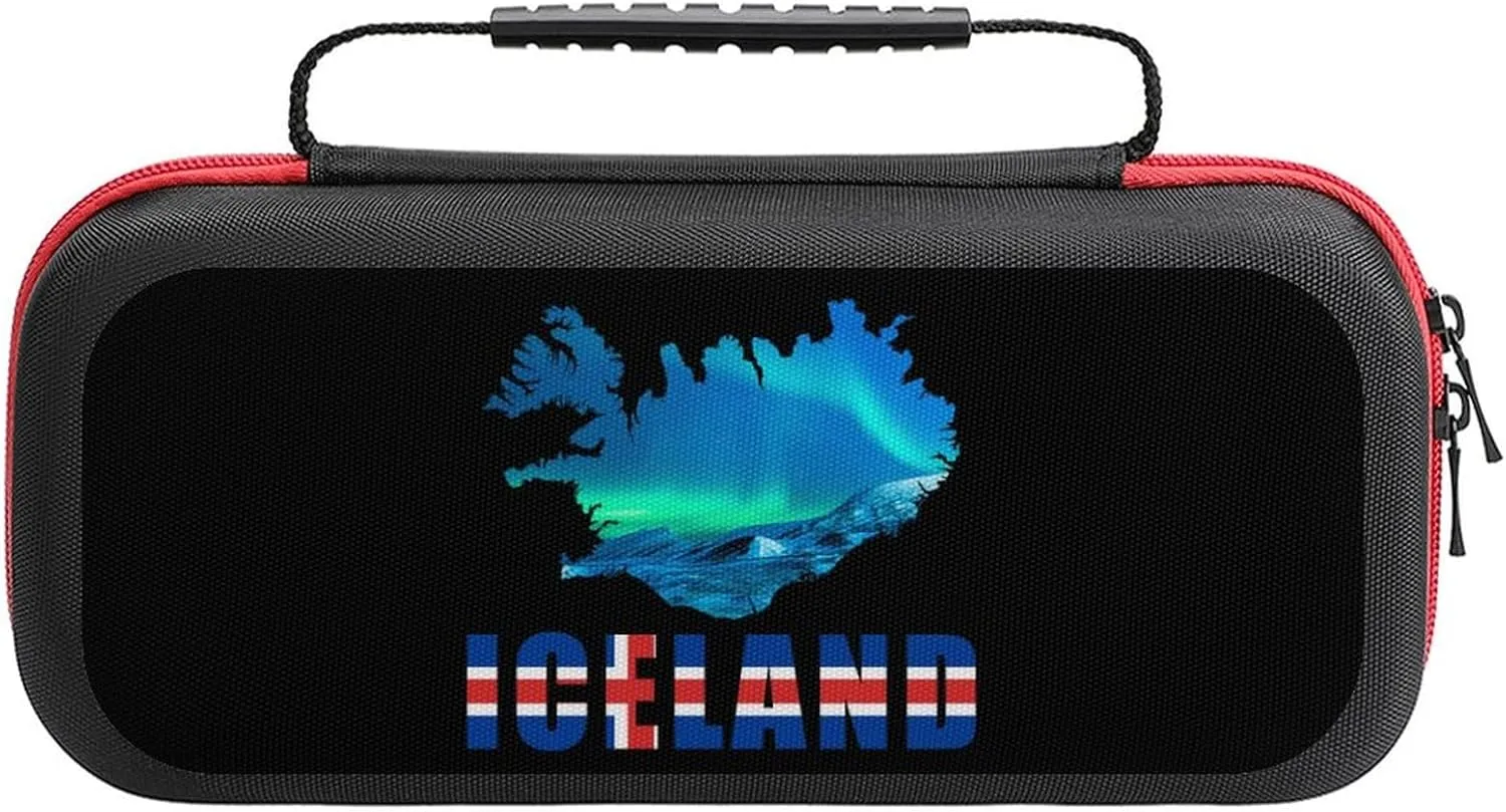 Iceland Flag Map Northern Lights Compatible with Switch Carrying Case Hard Travel Tote Bag Holds 20 Game Cartridges & Console
