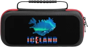 Iceland Flag Map Northern Lights Compatible with Switch Carrying Case Hard Travel Tote Bag Holds 20 Game Cartridges & Console