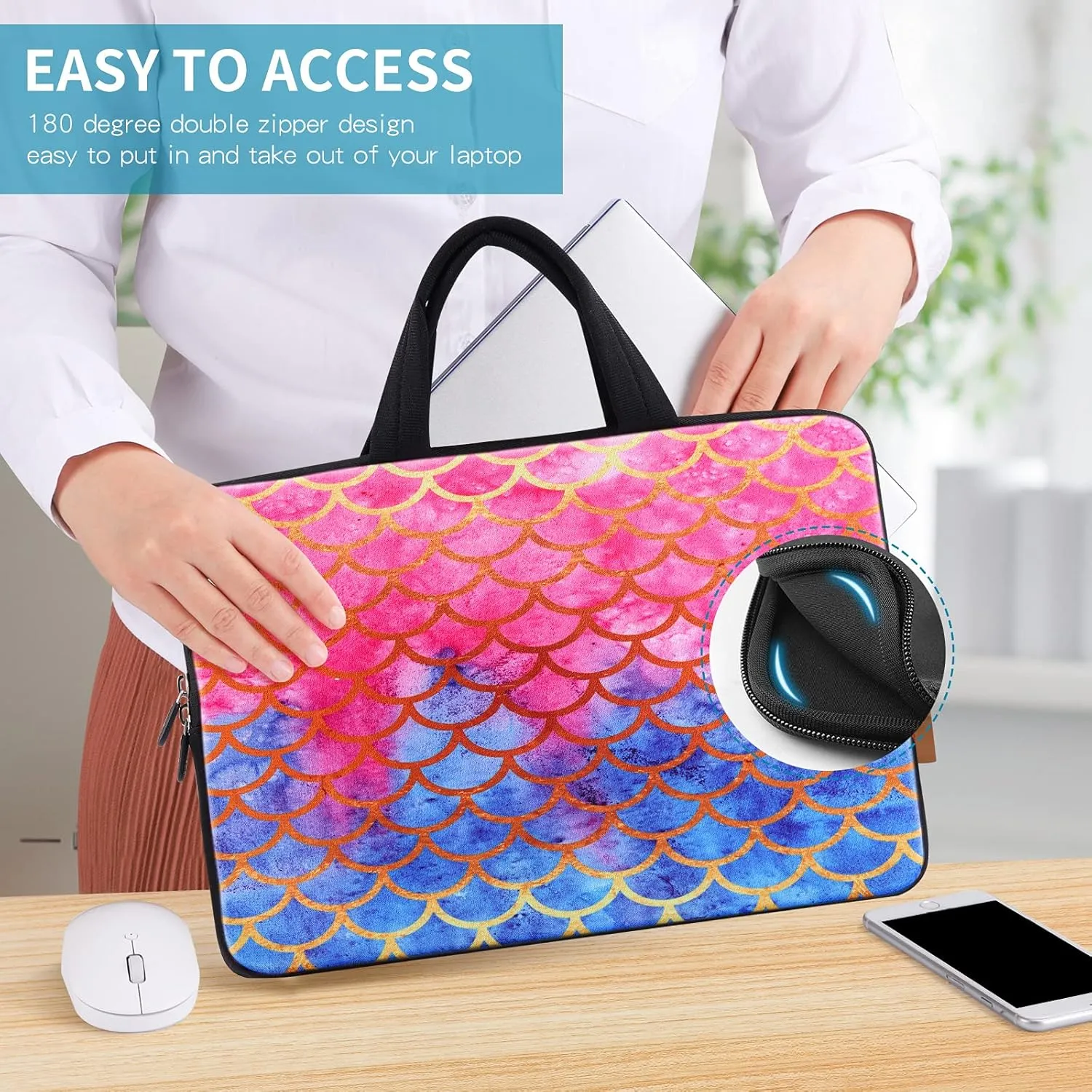 iColor 14 15 15.4 15.6 inch Laptop Bag Case Handle chromebook case Sleeve Computer Protect Case Pouch Holder Notebook Sleeve Neoprene Chromebook Cover Soft Carring Travel Case Mermaid ICB-14