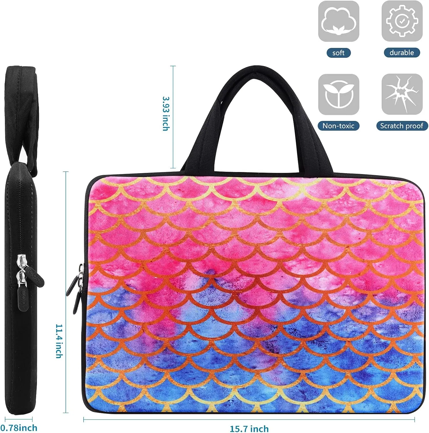 iColor 14 15 15.4 15.6 inch Laptop Bag Case Handle chromebook case Sleeve Computer Protect Case Pouch Holder Notebook Sleeve Neoprene Chromebook Cover Soft Carring Travel Case Mermaid ICB-14