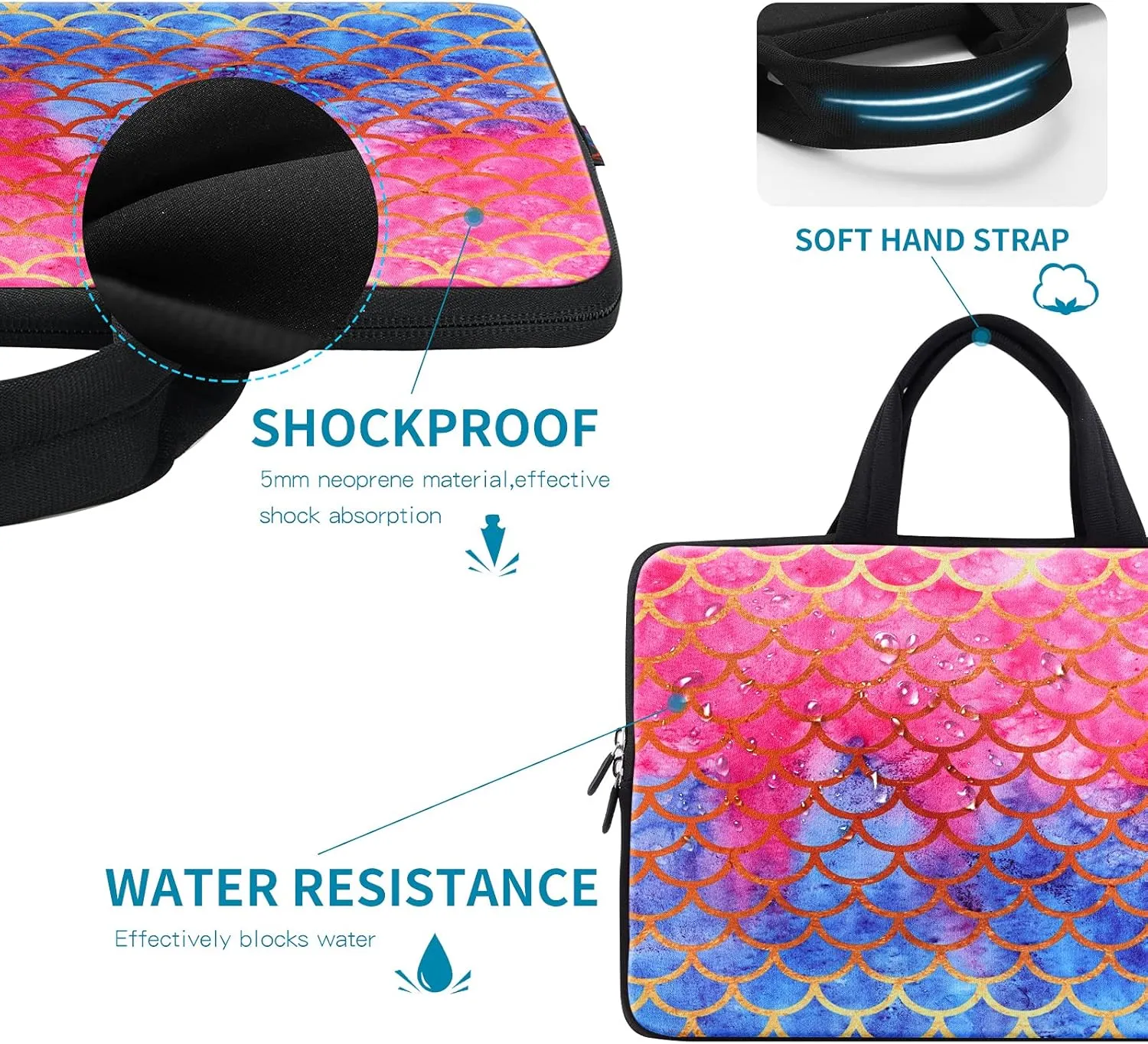 iColor 14 15 15.4 15.6 inch Laptop Bag Case Handle chromebook case Sleeve Computer Protect Case Pouch Holder Notebook Sleeve Neoprene Chromebook Cover Soft Carring Travel Case Mermaid ICB-14
