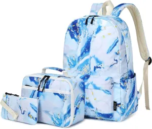 Imyth Backpack for Teen Girls School Gift Bookbag Lunch Box Pencil Bag 3 in 1 Set (Marble Blue)