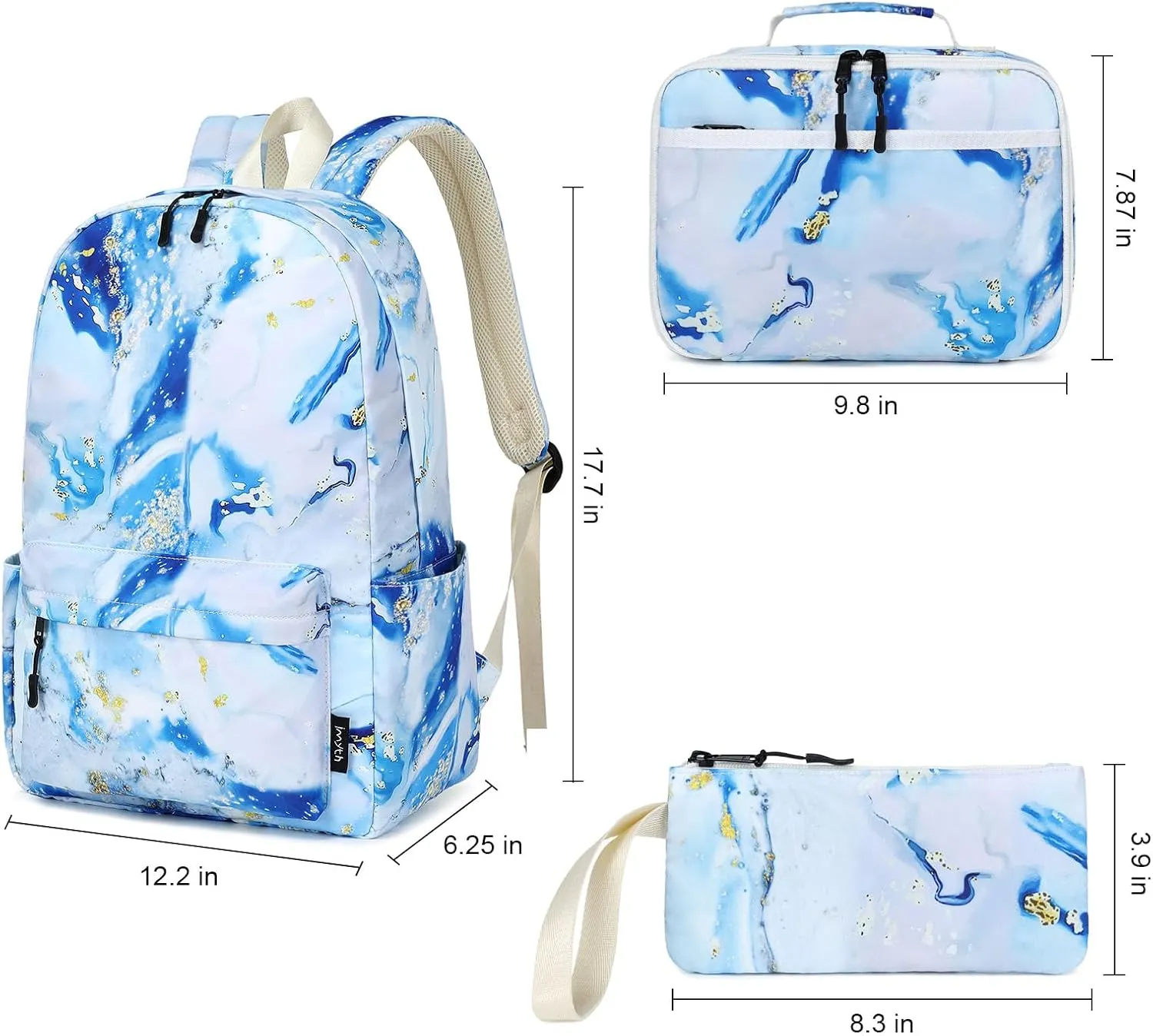 Imyth Backpack for Teen Girls School Gift Bookbag Lunch Box Pencil Bag 3 in 1 Set (Marble Blue)