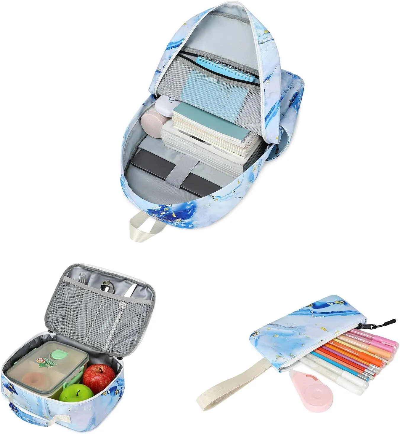 Imyth Backpack for Teen Girls School Gift Bookbag Lunch Box Pencil Bag 3 in 1 Set (Marble Blue)