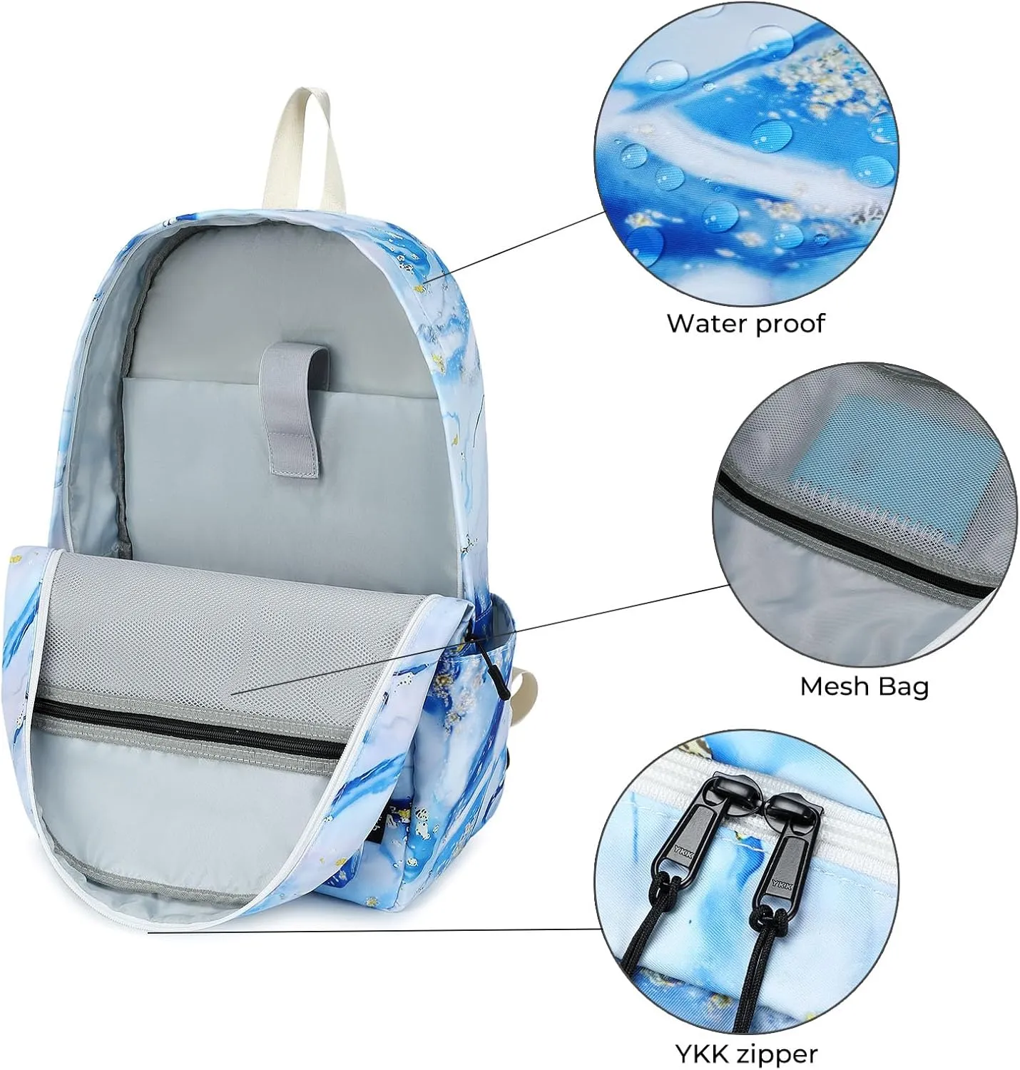 Imyth Backpack for Teen Girls School Gift Bookbag Lunch Box Pencil Bag 3 in 1 Set (Marble Blue)