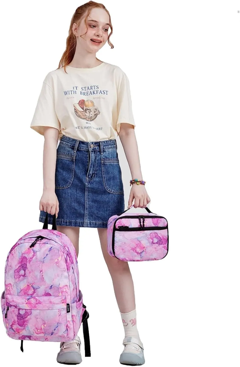 Imyth Backpack for Teen Girls School Gift Bookbag Lunch Box Pencil Bag 3 in 1 Set (Marble powder)