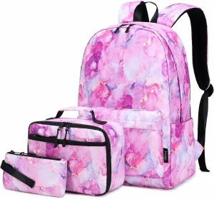 Imyth Backpack for Teen Girls School Gift Bookbag Lunch Box Pencil Bag 3 in 1 Set (Marble powder)