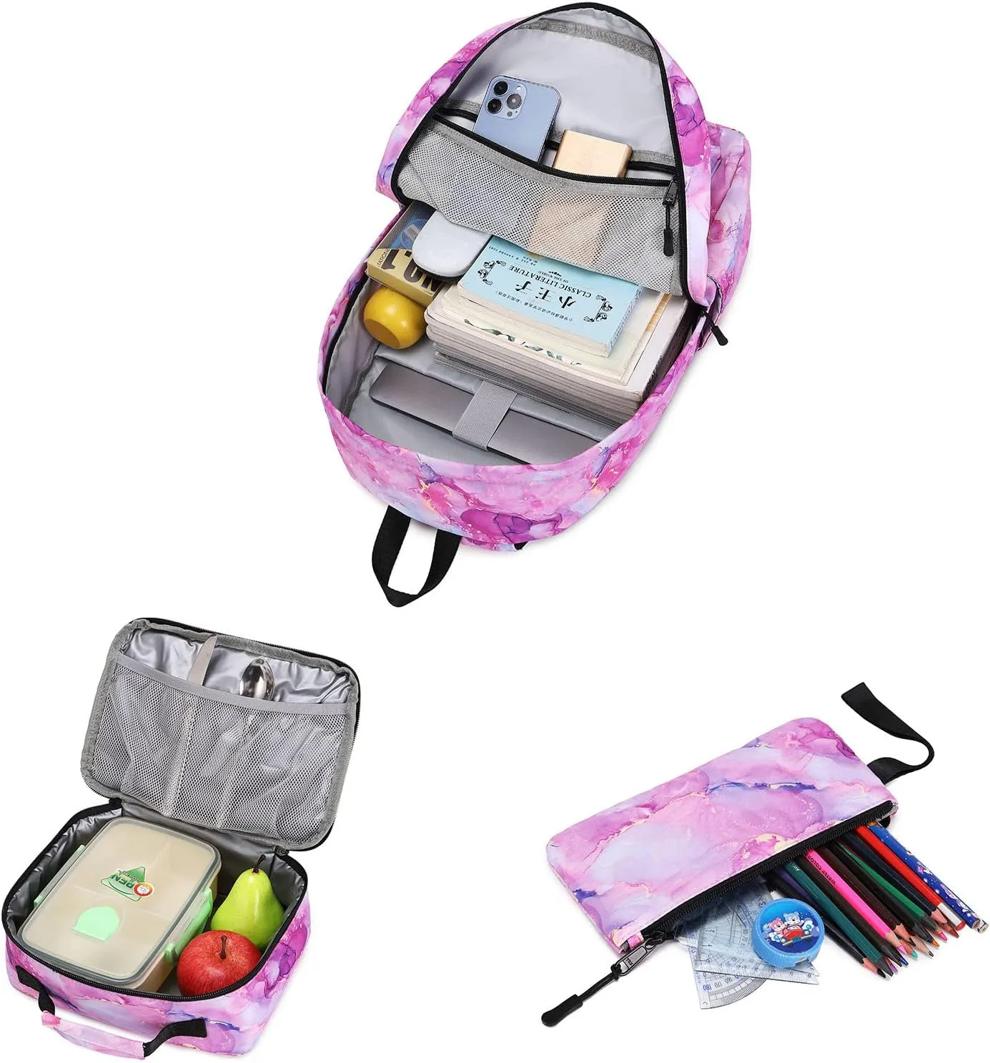 Imyth Backpack for Teen Girls School Gift Bookbag Lunch Box Pencil Bag 3 in 1 Set (Marble powder)