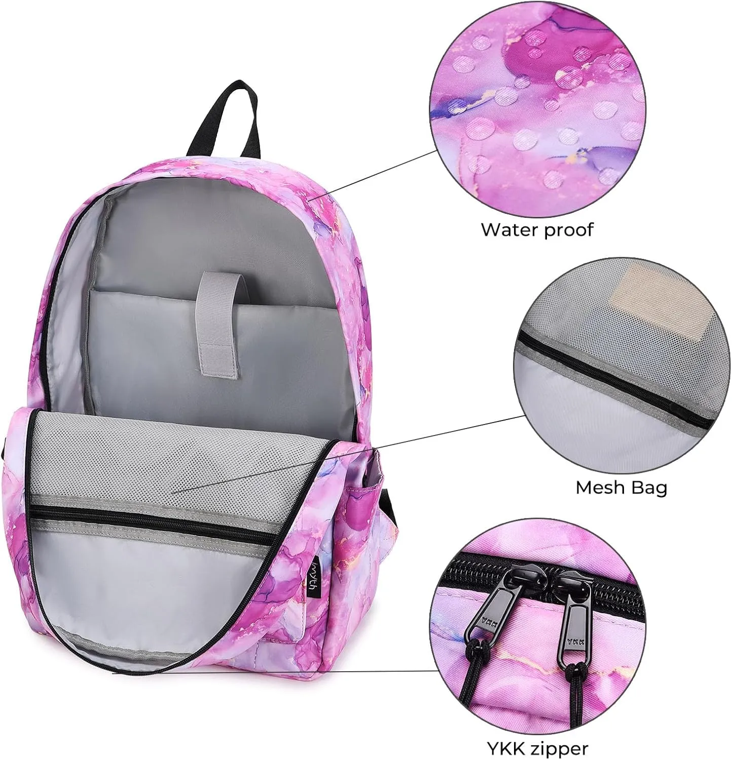 Imyth Backpack for Teen Girls School Gift Bookbag Lunch Box Pencil Bag 3 in 1 Set (Marble powder)