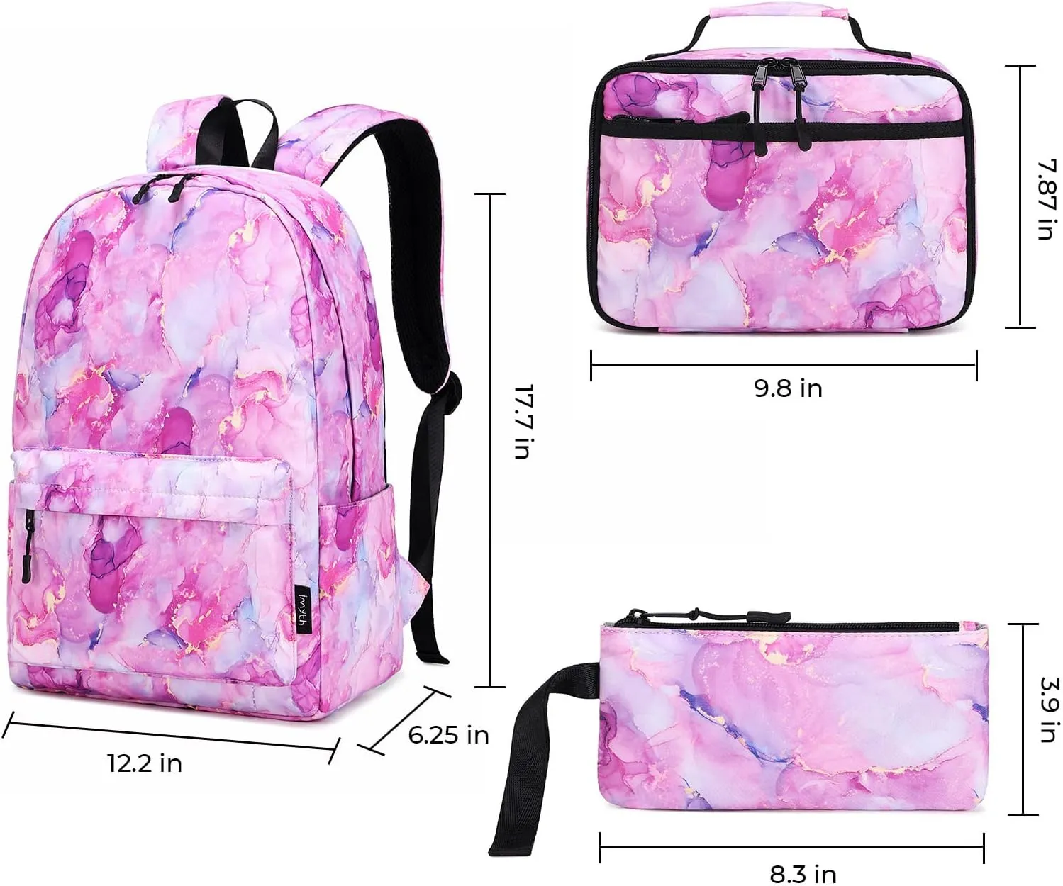 Imyth Backpack for Teen Girls School Gift Bookbag Lunch Box Pencil Bag 3 in 1 Set (Marble powder)