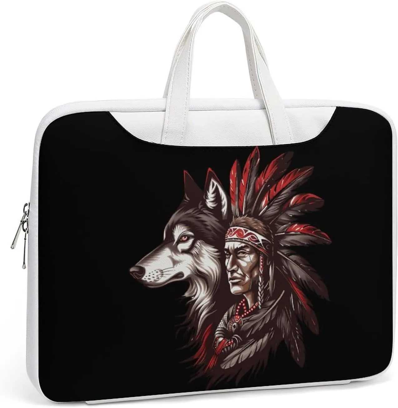 Indian Tribal Chief And Wolf Laptop Sleeve Bag Protective Case Handbag With Shoulder Strap for Computer 10-17 Inch