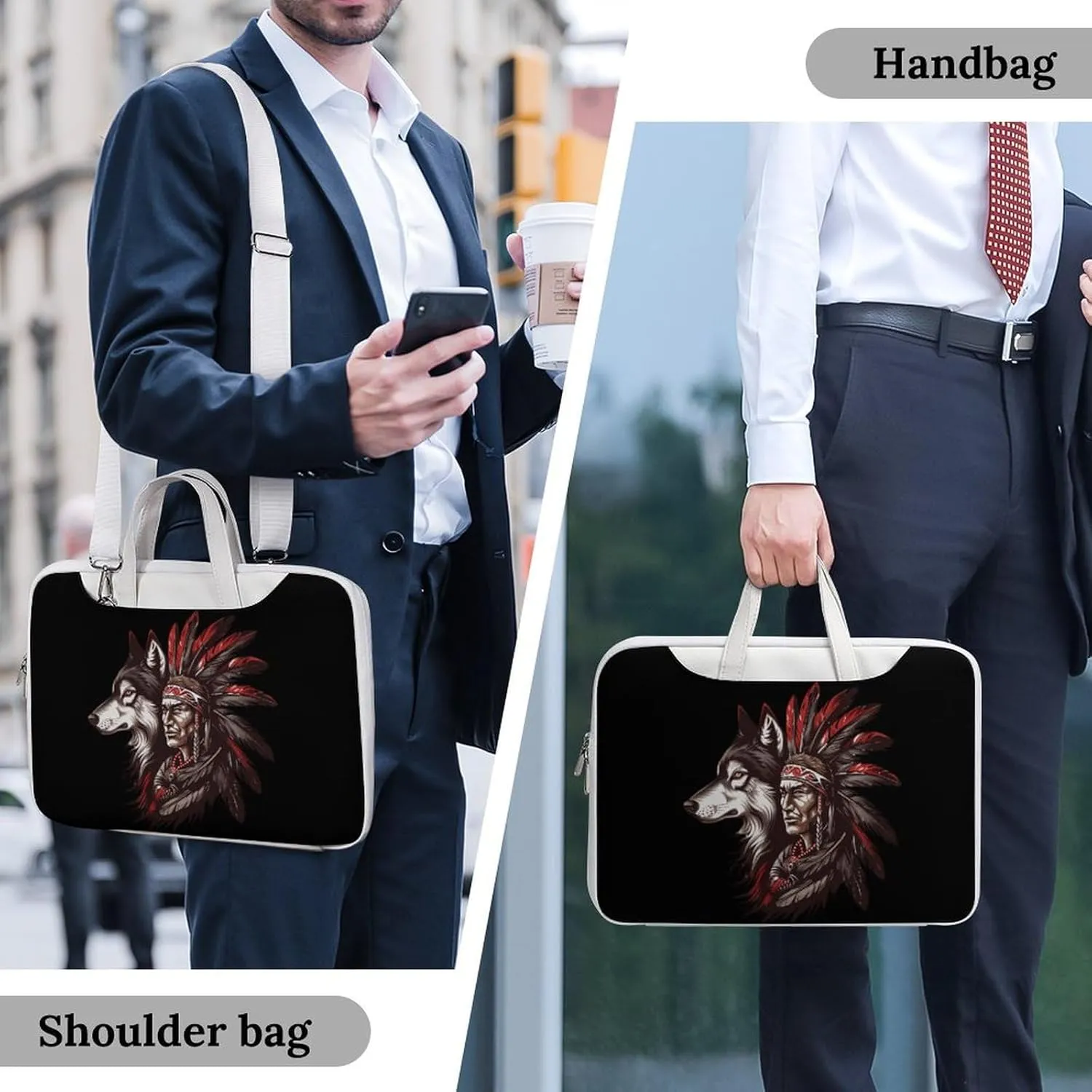 Indian Tribal Chief And Wolf Laptop Sleeve Bag Protective Case Handbag With Shoulder Strap for Computer 10-17 Inch