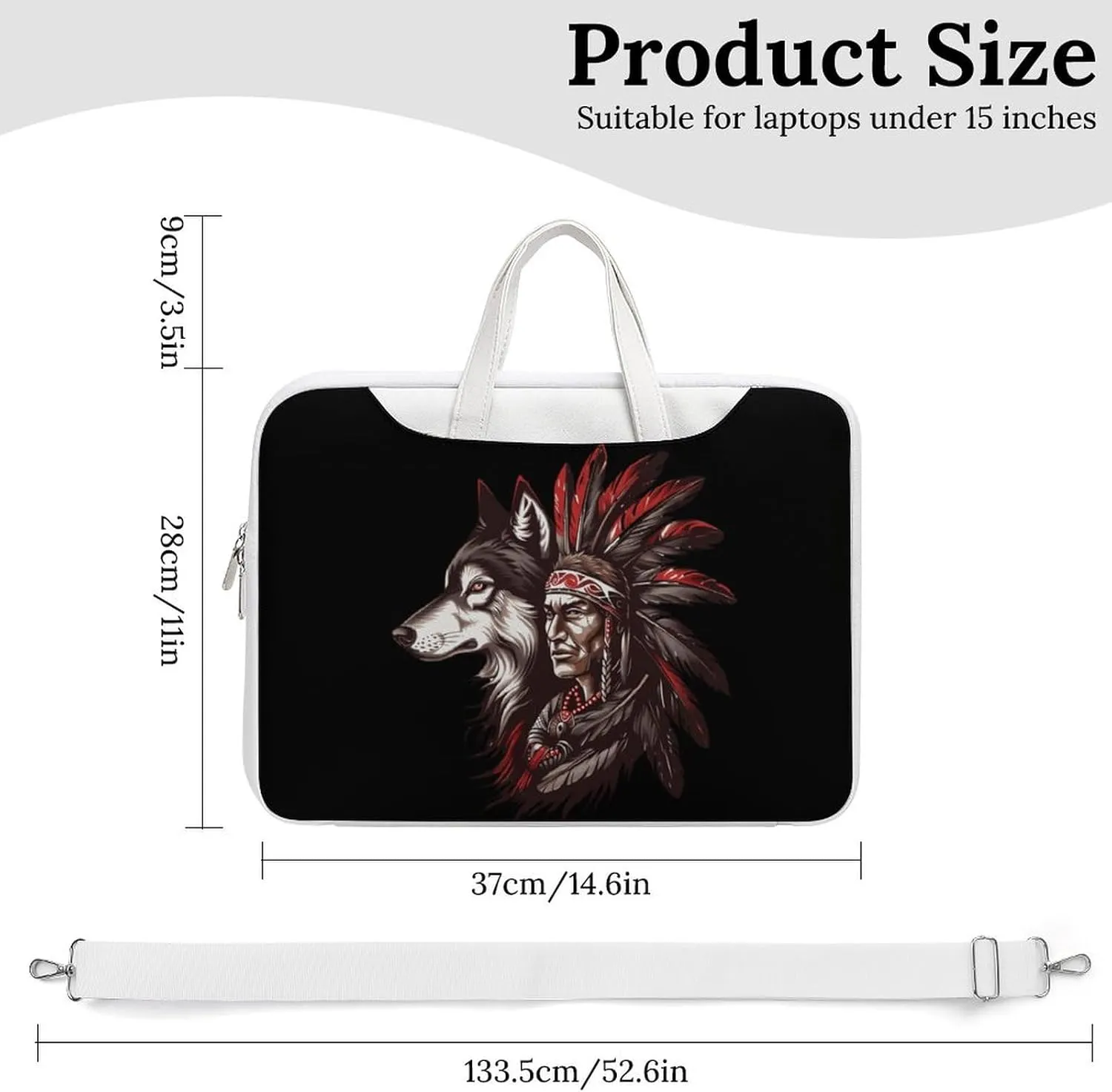 Indian Tribal Chief And Wolf Laptop Sleeve Bag Protective Case Handbag With Shoulder Strap for Computer 10-17 Inch