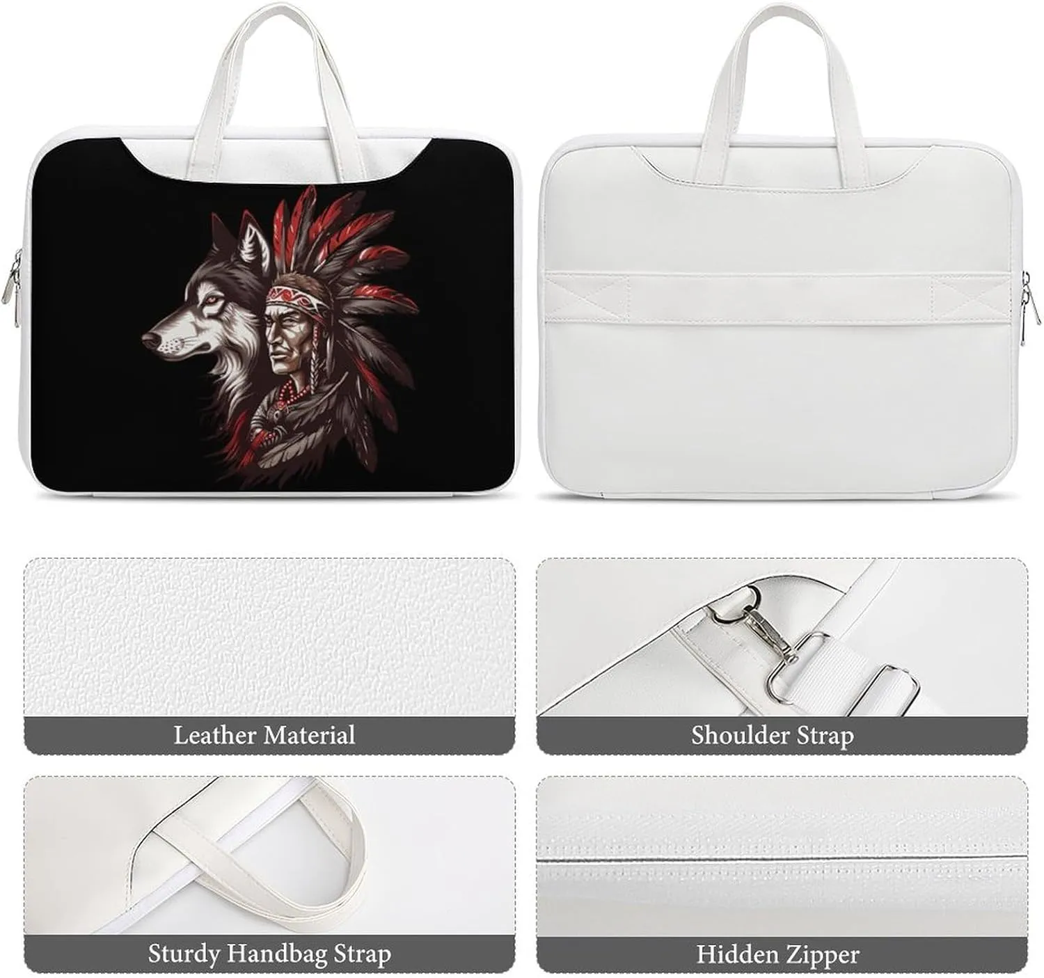 Indian Tribal Chief And Wolf Laptop Sleeve Bag Protective Case Handbag With Shoulder Strap for Computer 10-17 Inch