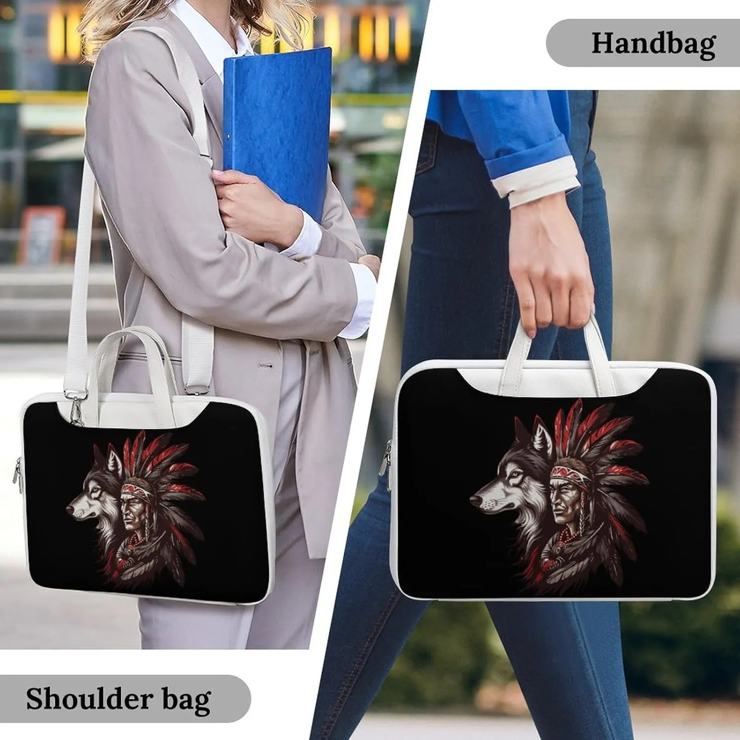 Indian Tribal Chief And Wolf Laptop Sleeve Bag Protective Case Handbag With Shoulder Strap for Computer 10-17 Inch