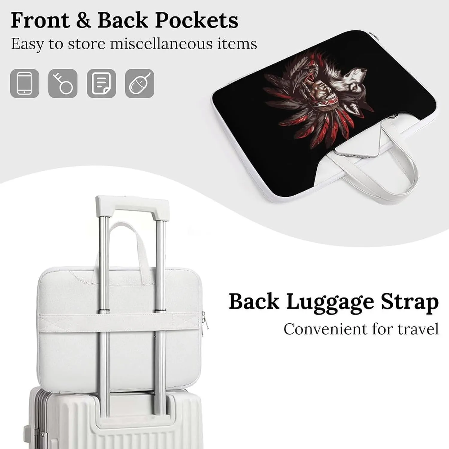 Indian Tribal Chief And Wolf Laptop Sleeve Bag Protective Case Handbag With Shoulder Strap for Computer 10-17 Inch