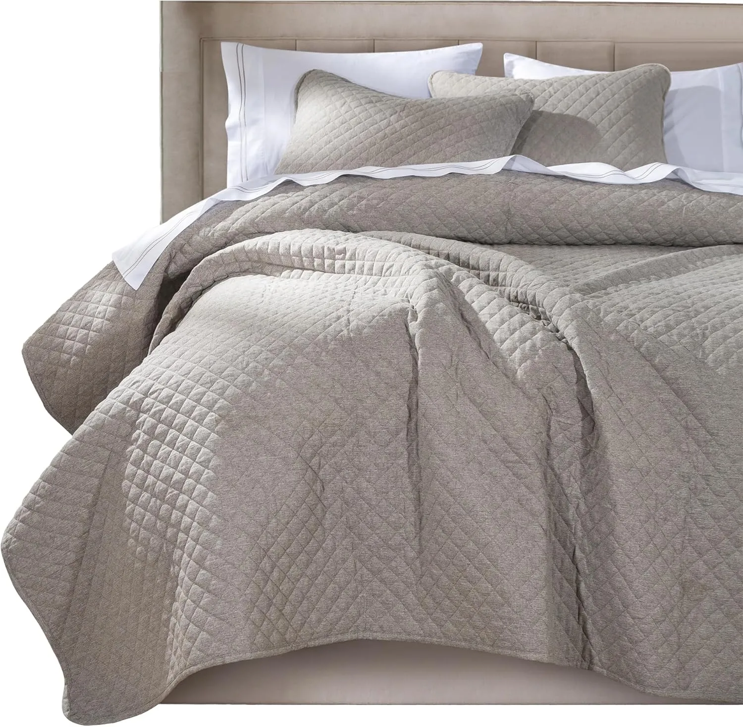 Indigo Hill by HiEnd Accents Anna Diamond Quilted Coverlet Set with Pillow Shams, Taupe Solid Color, King Size, Rustic Traditional Farmhouse Style Bedding Set, 1 Bedspread and 2 Pillow Cases