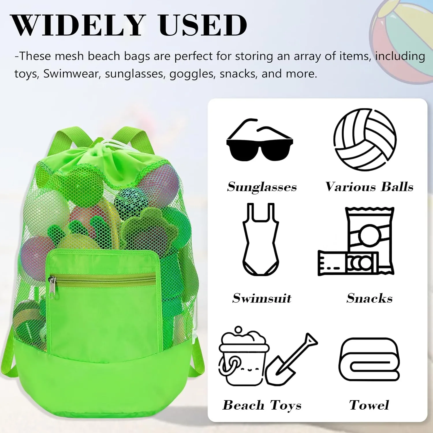 INVODA Mesh Beach Bag Drawstring Beach Backpack Foldable Toy Organizer Bag Shell Adjustable Straps Large Capacity Swim Bag (Blue Pink Black Green)
