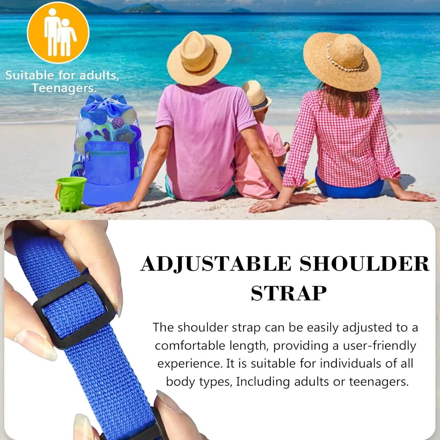 INVODA Mesh Beach Bag Drawstring Beach Backpack Foldable Toy Organizer Bag Shell Adjustable Straps Large Capacity Swim Bag (Blue Pink Black Green)