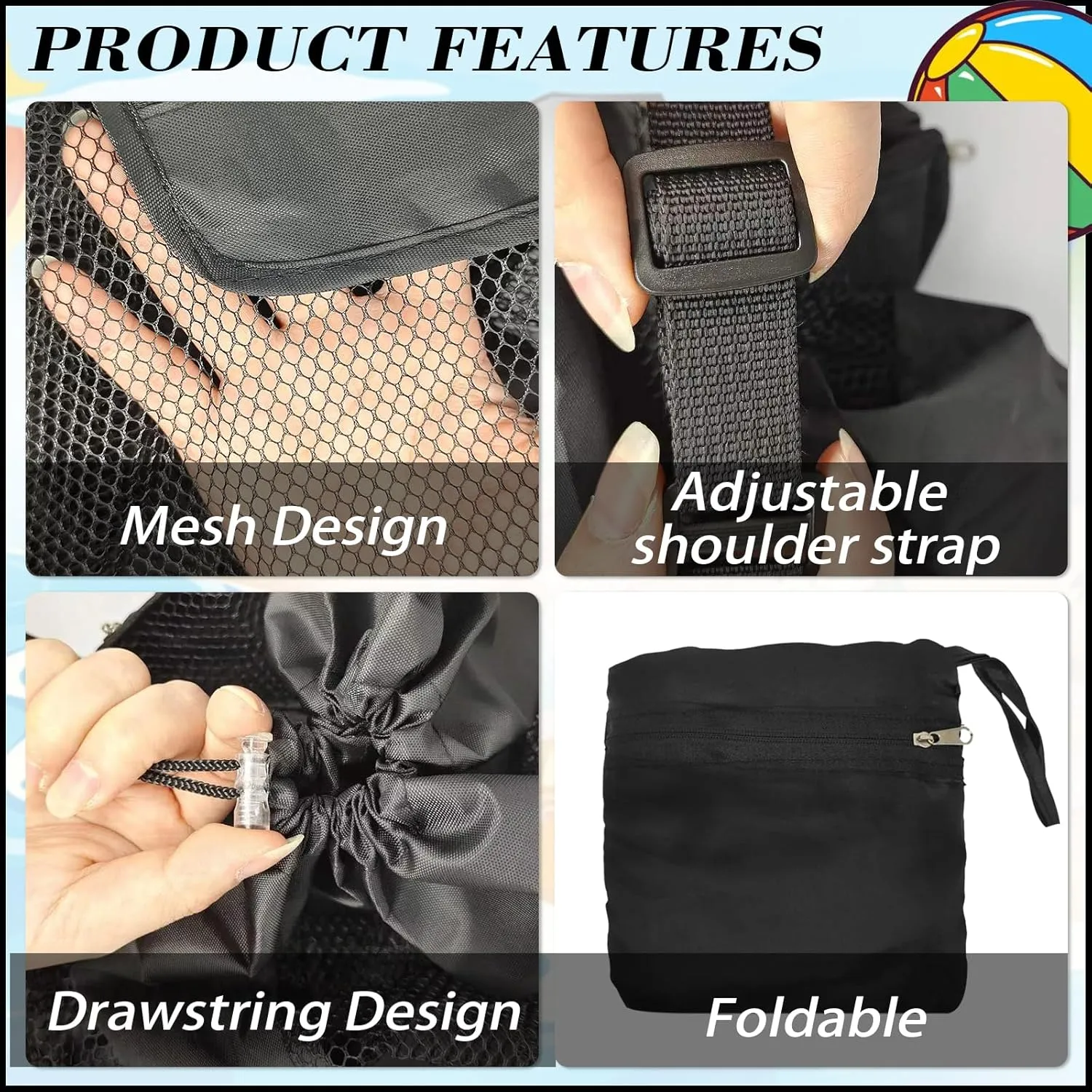 INVODA Mesh Beach Bag Drawstring Beach Backpack Foldable Toy Organizer Bag Shell Adjustable Straps Large Capacity Swim Bag (Blue Pink Black Green)