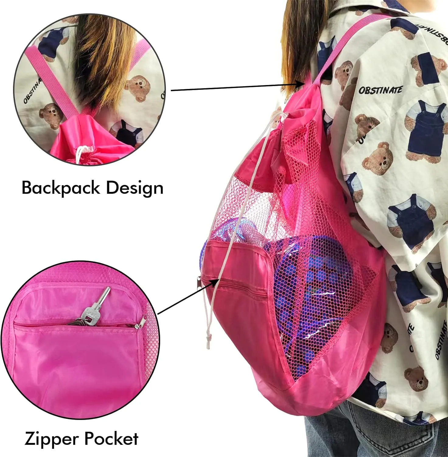 INVODA Mesh Beach Bag Drawstring Beach Backpack Foldable Toy Organizer Bag Shell Adjustable Straps Large Capacity Swim Bag (Blue Pink Black Green)