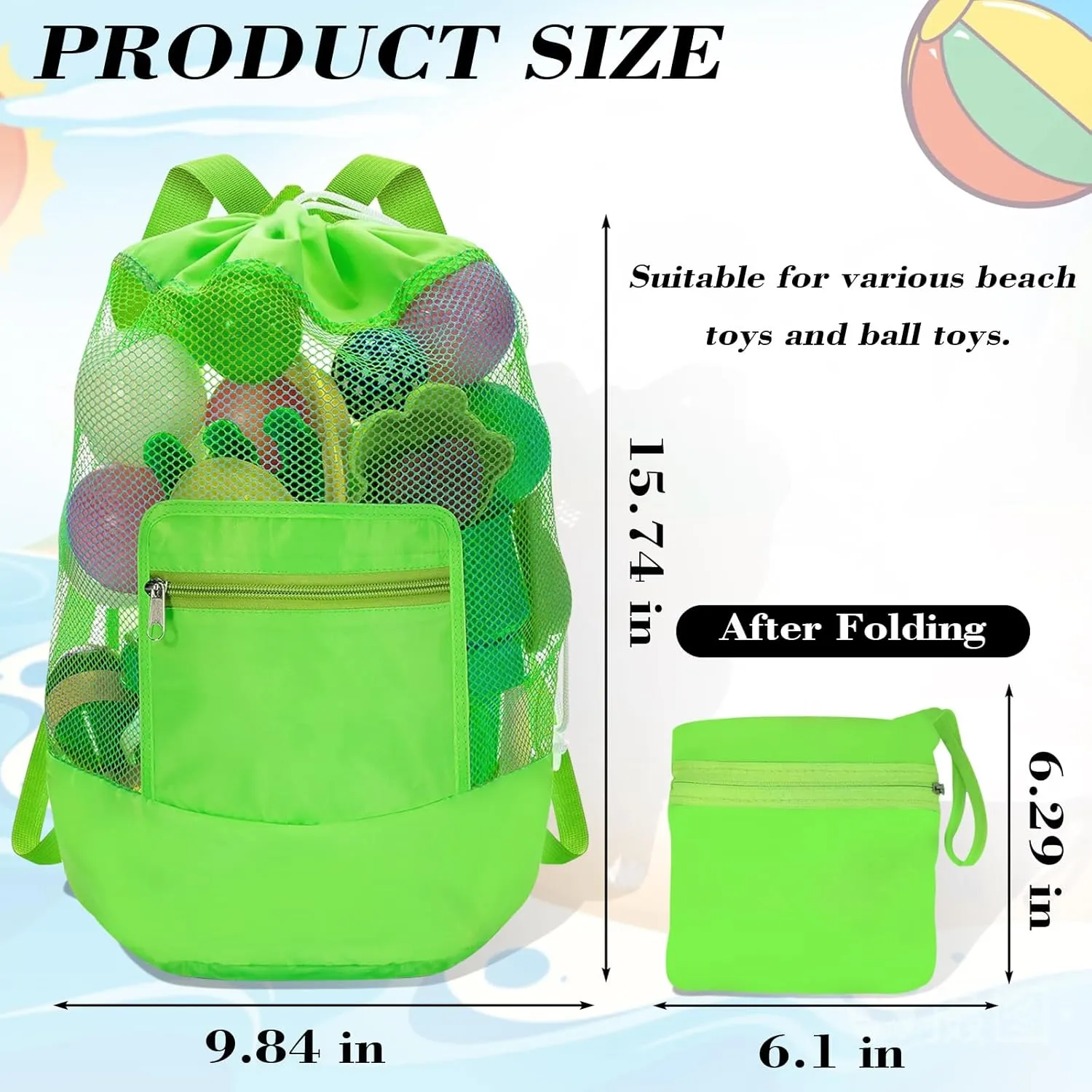 INVODA Mesh Beach Bag Drawstring Beach Backpack Foldable Toy Organizer Bag Shell Adjustable Straps Large Capacity Swim Bag (Blue Pink Black Green)