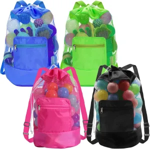 INVODA Mesh Beach Bag Drawstring Beach Backpack Foldable Toy Organizer Bag Shell Adjustable Straps Large Capacity Swim Bag (Blue Pink Black Green)
