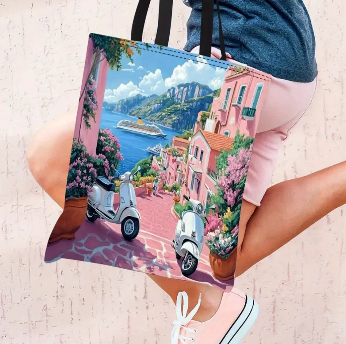 Italy 1pc Small Town Canvas Tote Bag with Seaside Scenery