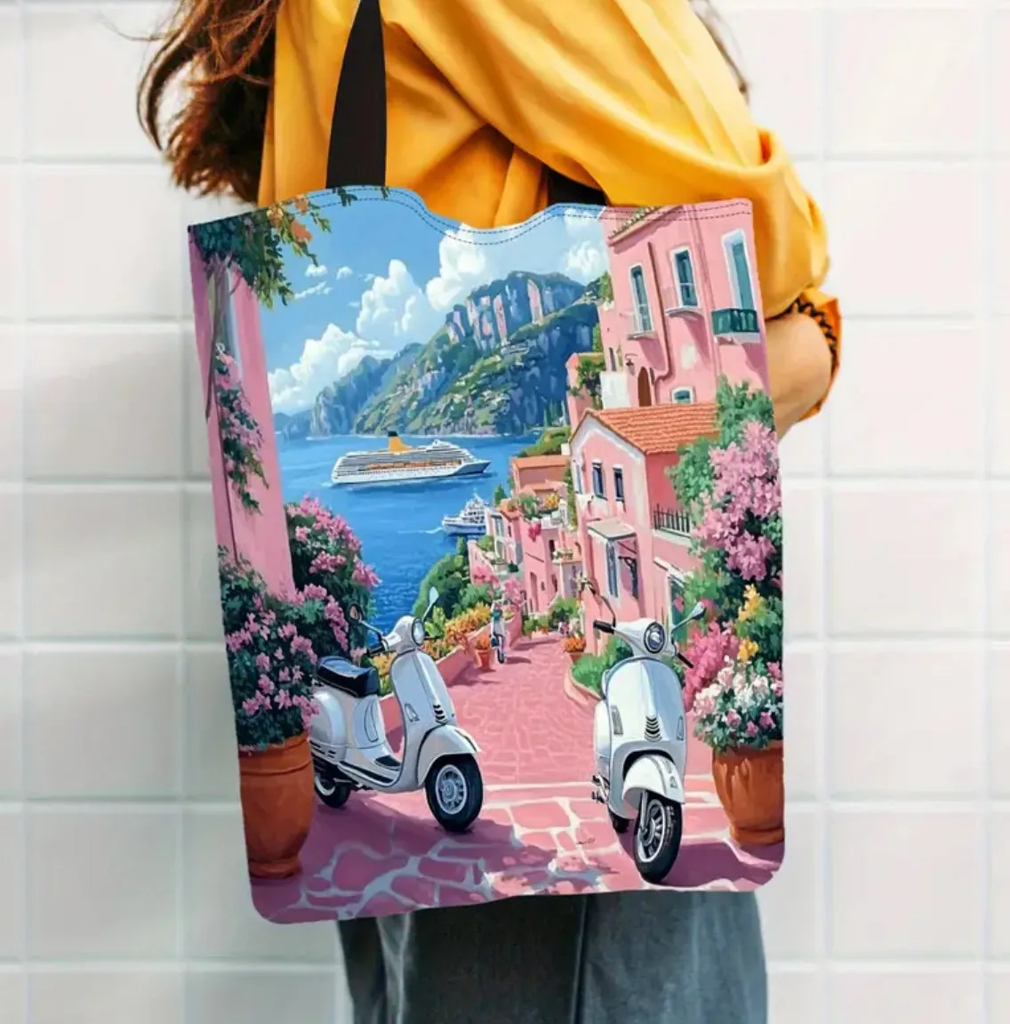 Italy 1pc Small Town Canvas Tote Bag with Seaside Scenery