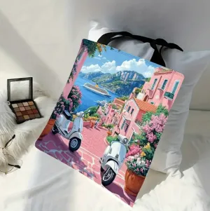 Italy 1pc Small Town Canvas Tote Bag with Seaside Scenery