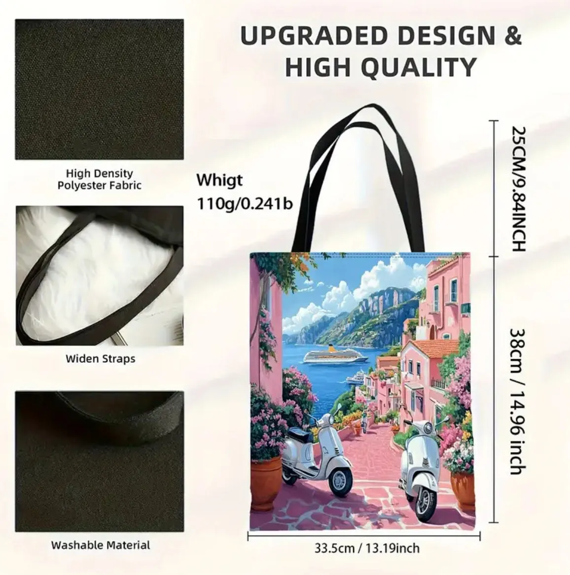 Italy 1pc Small Town Canvas Tote Bag with Seaside Scenery