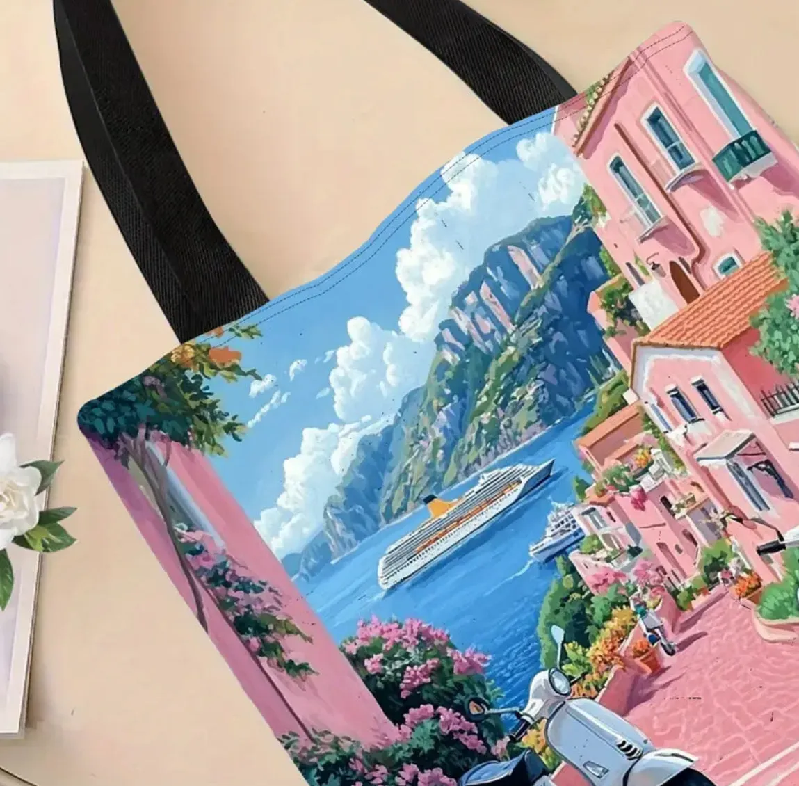 Italy 1pc Small Town Canvas Tote Bag with Seaside Scenery
