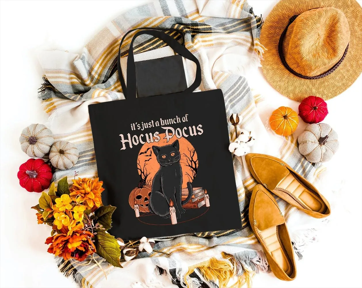 It's Just A Bunch Of Hocus Pocus Canvas Tote Bag for Women Halloween Black Cat Graphic Reusable Grocery Shopping Bags