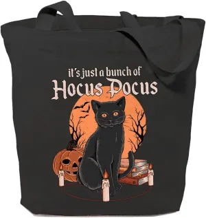 It's Just A Bunch Of Hocus Pocus Canvas Tote Bag for Women Halloween Black Cat Graphic Reusable Grocery Shopping Bags
