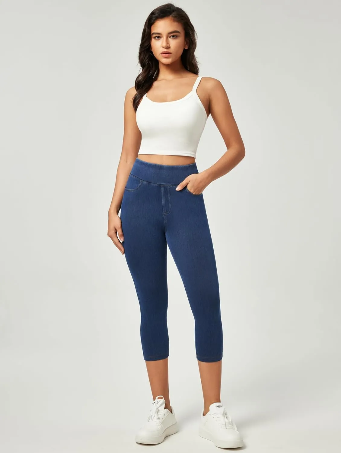IUGA Jeggings for Women Pull On Capri Jeans Stretchy Jean Capris High Waisted Denim Capri Leggings Casual Pants with Pockets