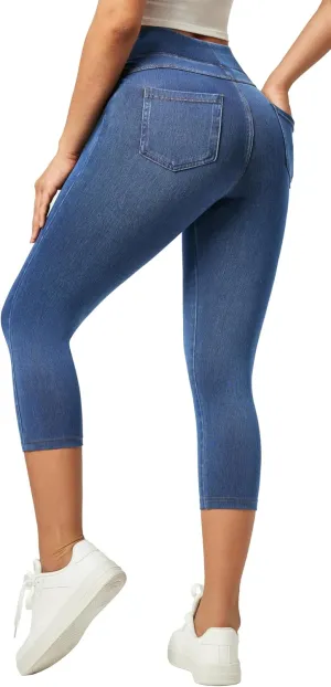 IUGA Jeggings for Women Pull On Capri Jeans Stretchy Jean Capris High Waisted Denim Capri Leggings Casual Pants with Pockets