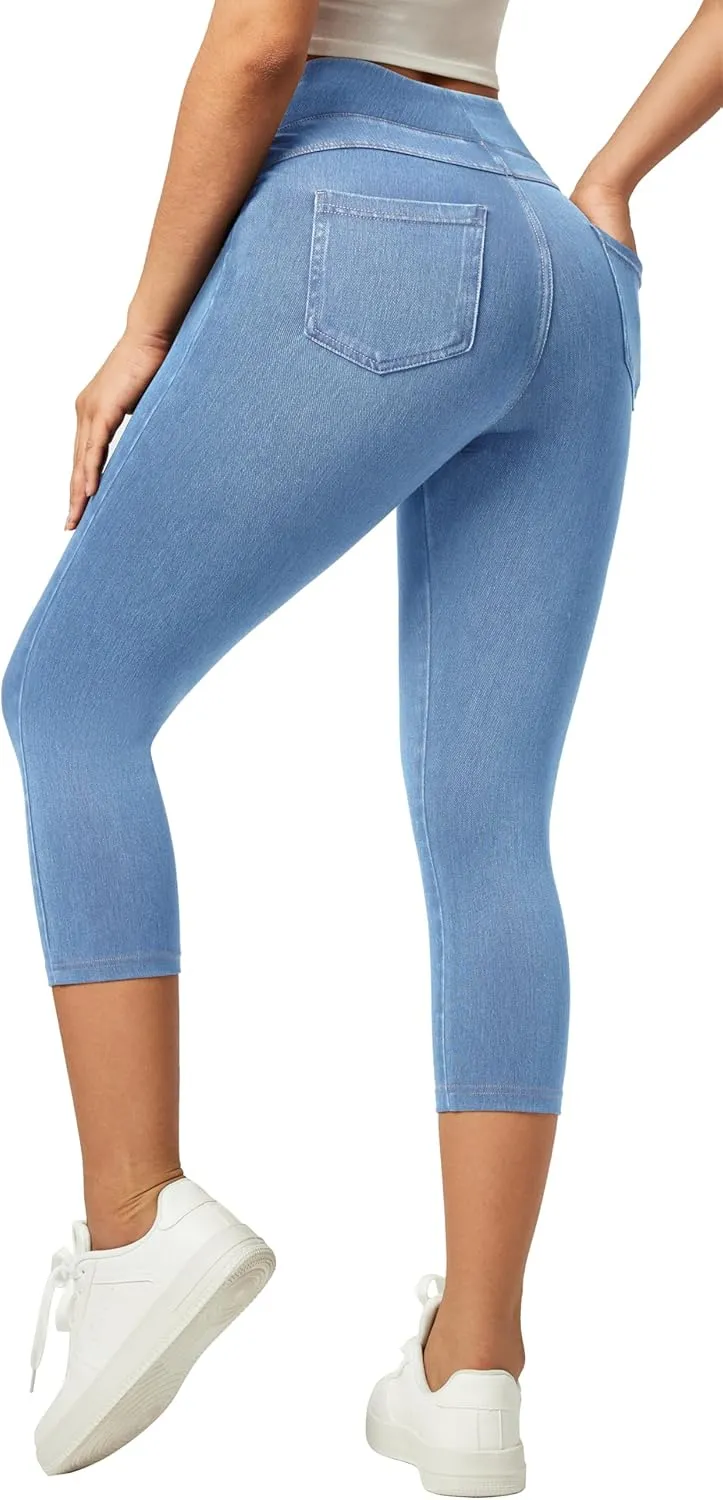 IUGA Jeggings for Women Pull On Capri Jeans Stretchy Jean Capris High Waisted Denim Capri Leggings Casual Pants with Pockets