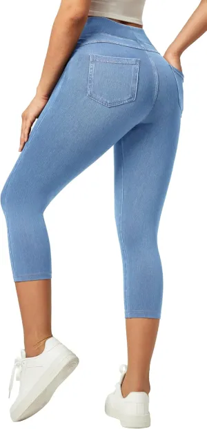 IUGA Jeggings for Women Pull On Capri Jeans Stretchy Jean Capris High Waisted Denim Capri Leggings Casual Pants with Pockets