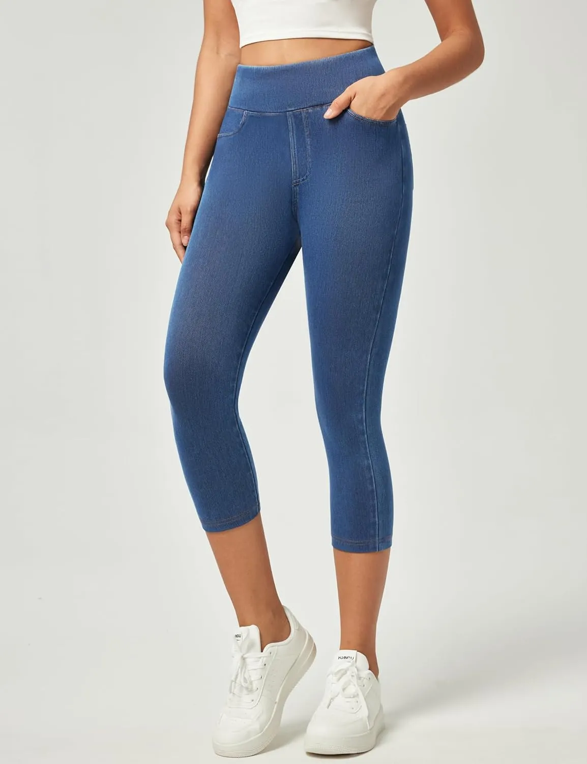 IUGA Jeggings for Women Pull On Capri Jeans Stretchy Jean Capris High Waisted Denim Capri Leggings Casual Pants with Pockets